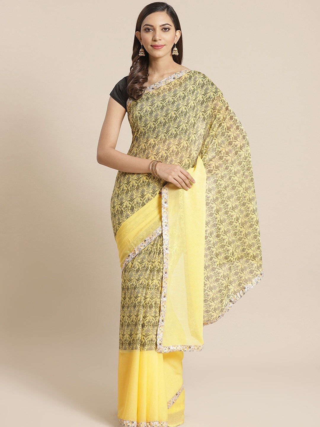 

KALINI Yellow & Grey Ethnic Motifs Printed Saree