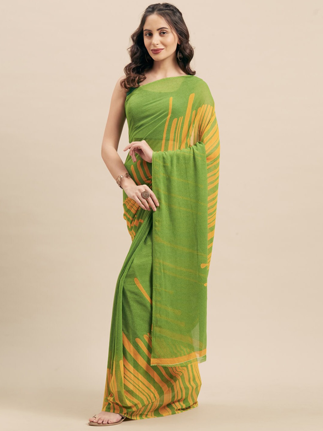 

KALINI Green & Yellow Striped Printed Poly Georgette Saree