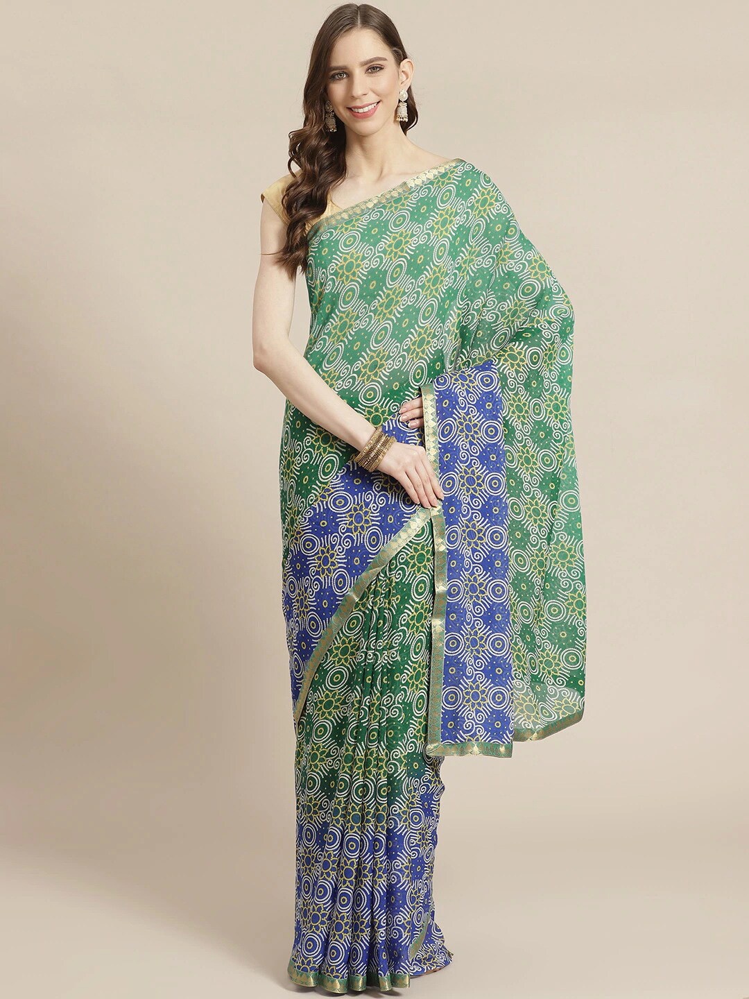 

KALINI Green & Blue Bandhani Printed Zari Saree