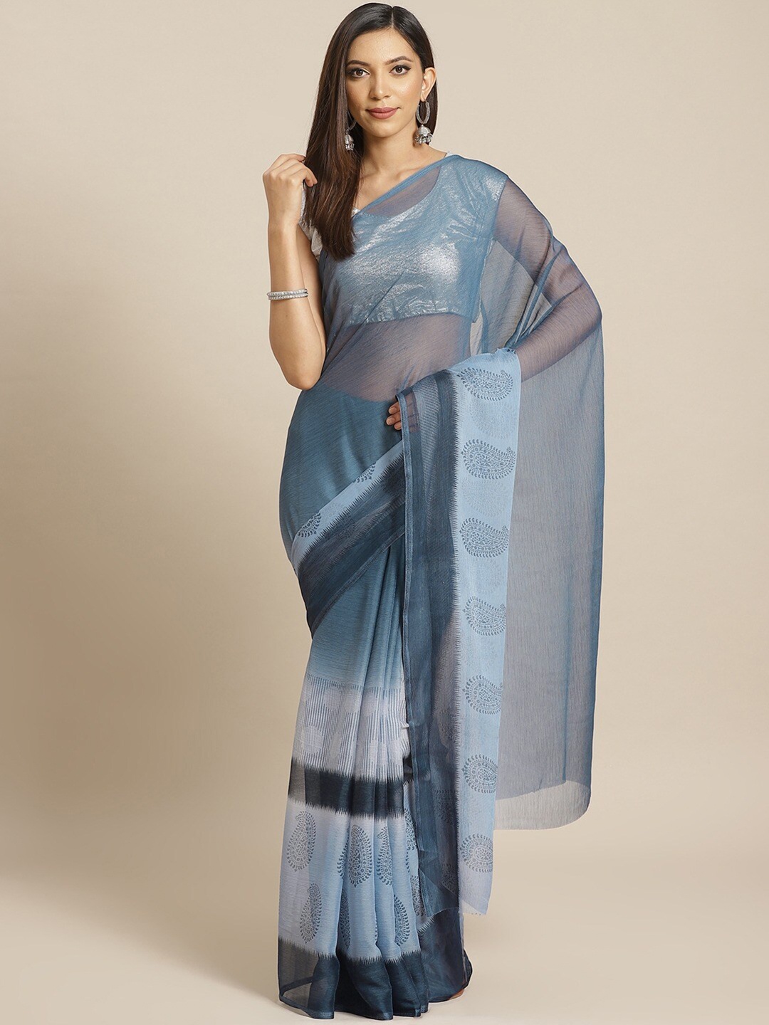 

KALINI Blue & Grey Paisley Saree