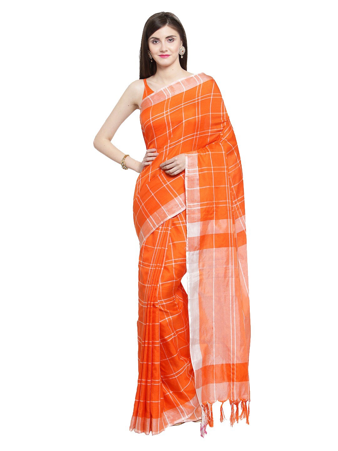 

KALINI Orange & White Checked Zari Saree