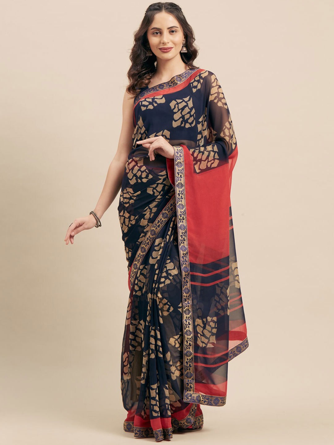 

KALINI Navy Blue & Beige Printed Saree