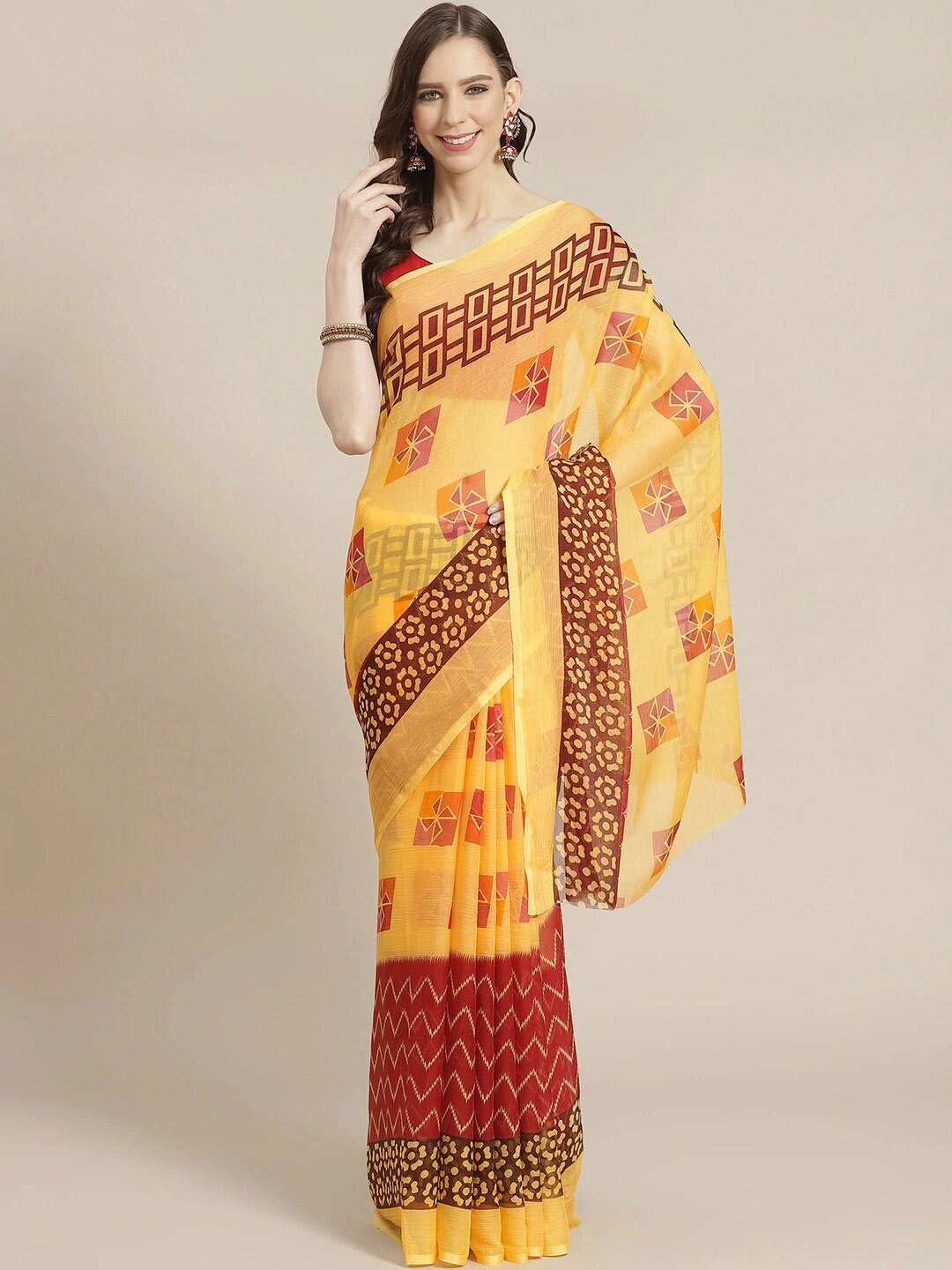 

KALINI Yellow & Maroon Geometric Printed Poly Georgette Saree