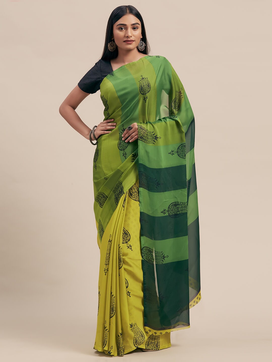 

KALINI Green & Yellow Ethnic Motifs Printed Poly Georgette Saree