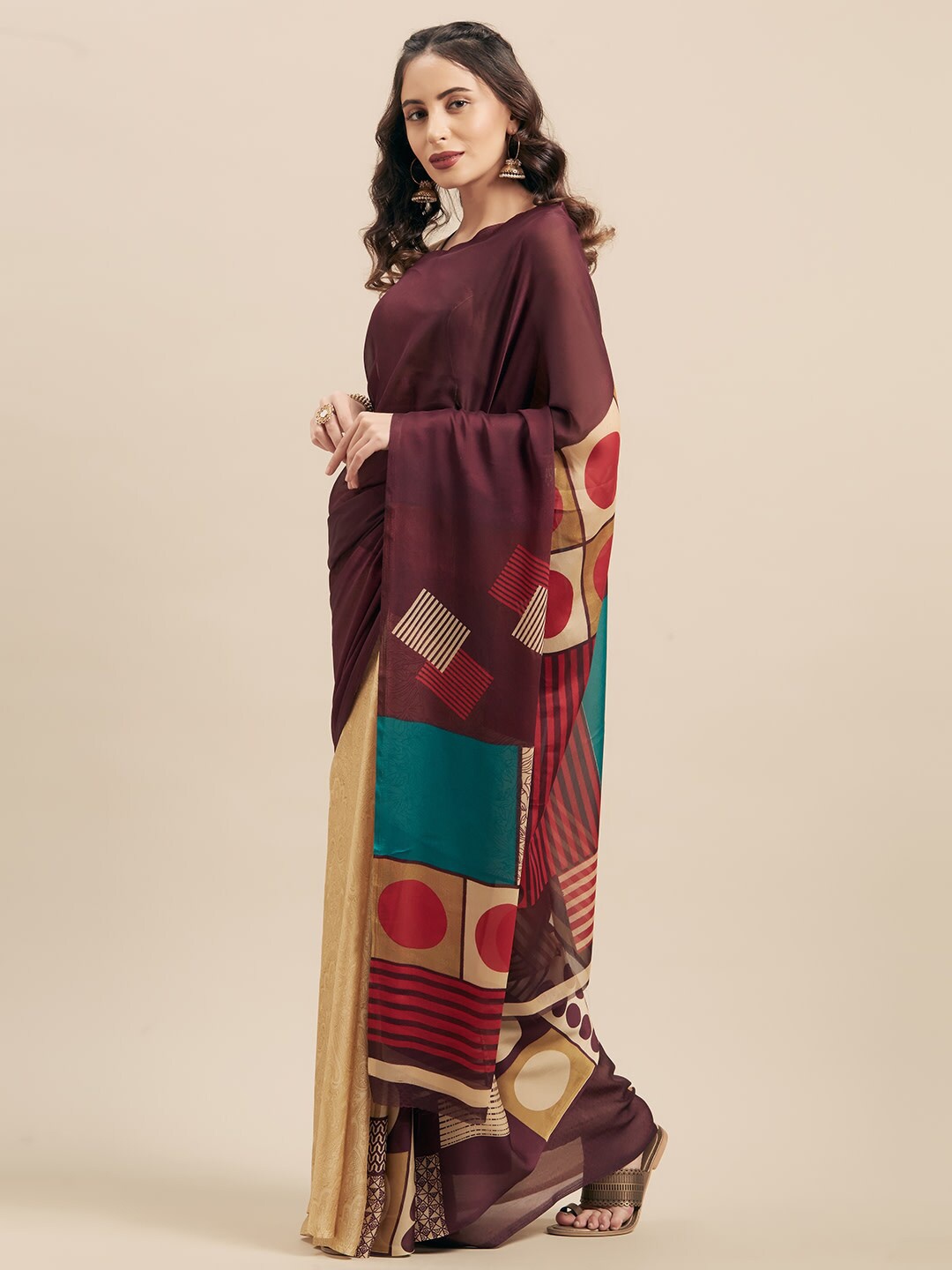 

KALINI Brown & Beige Geometric Printed Half and Half Saree