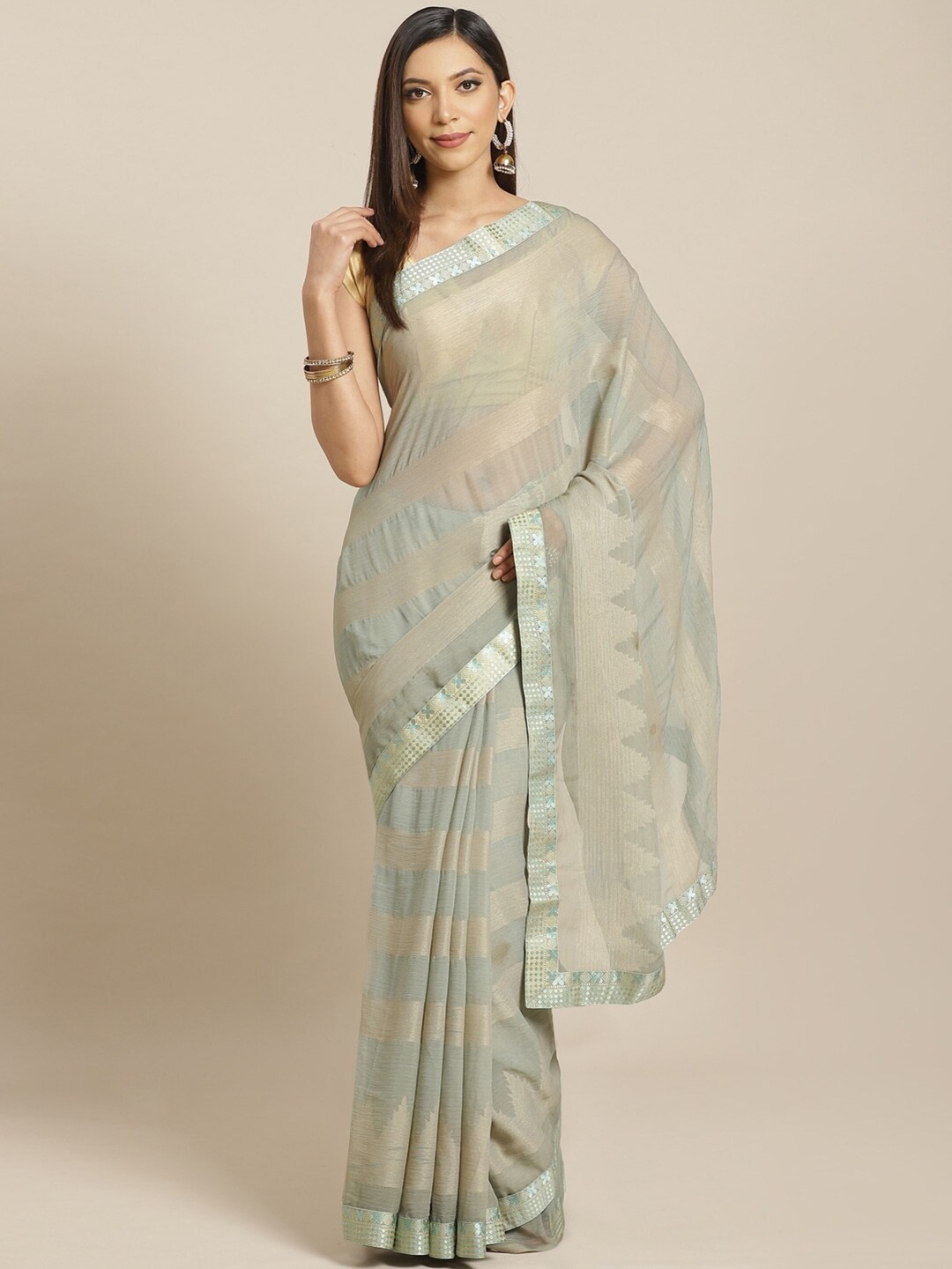 

KALINI Green & Gold-Toned Striped Brasso Saree