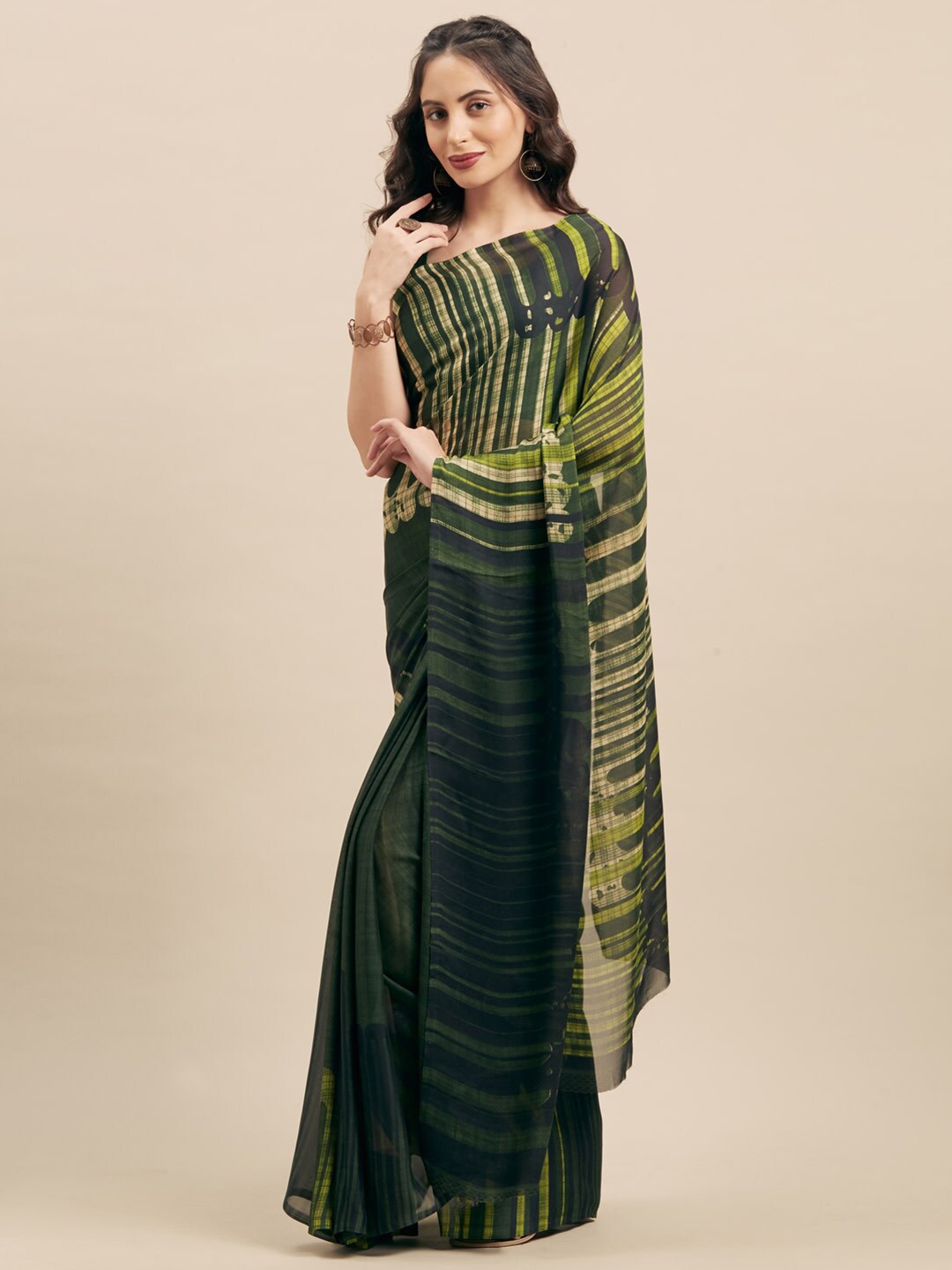 

KALINI Green & Beige Abstract Printed Poly Georgette Saree