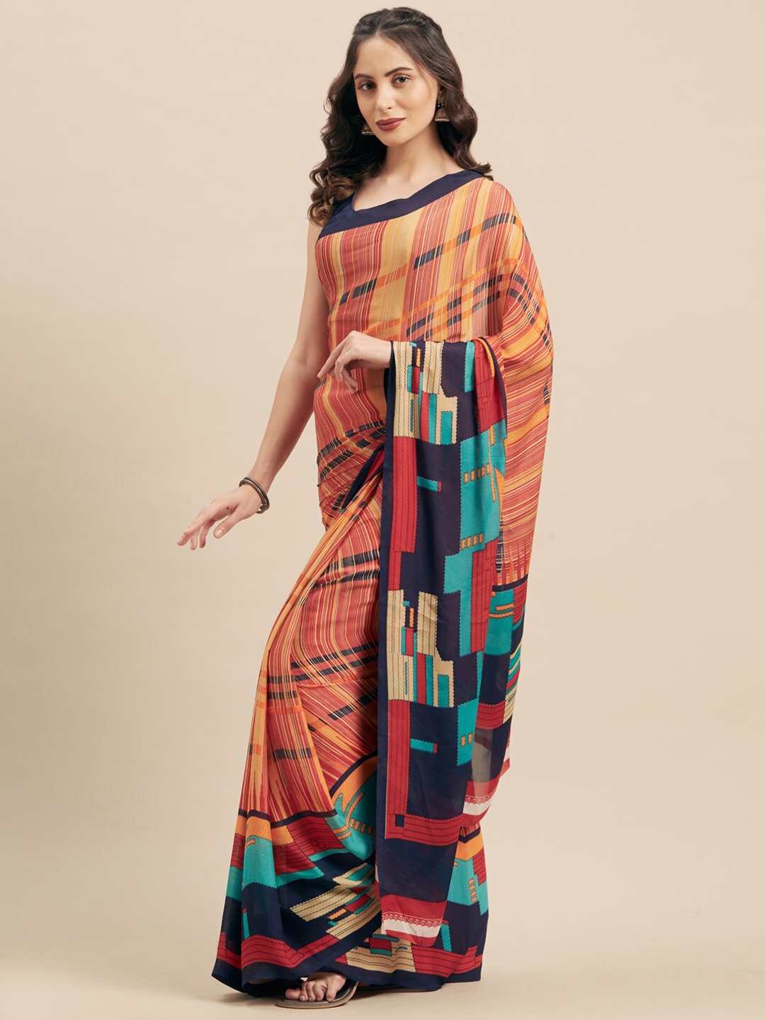 

KALINI Peach-Coloured & Red Printed Saree