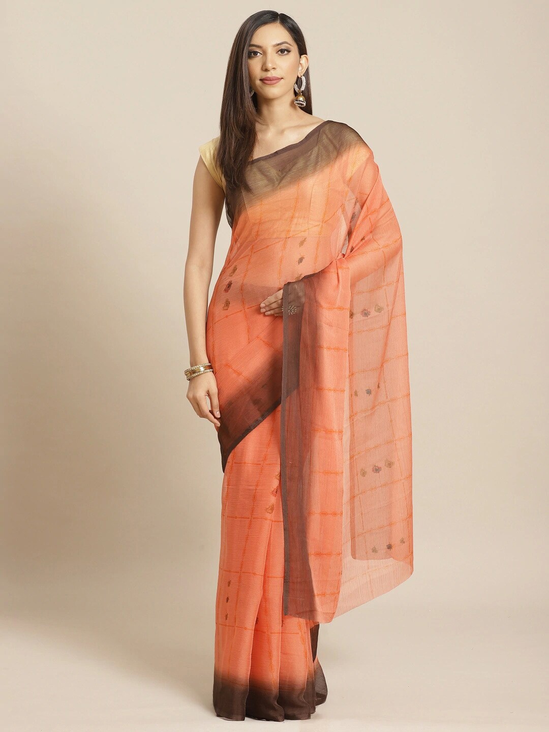 

KALINI Peach-Coloured & Brown Checked Saree