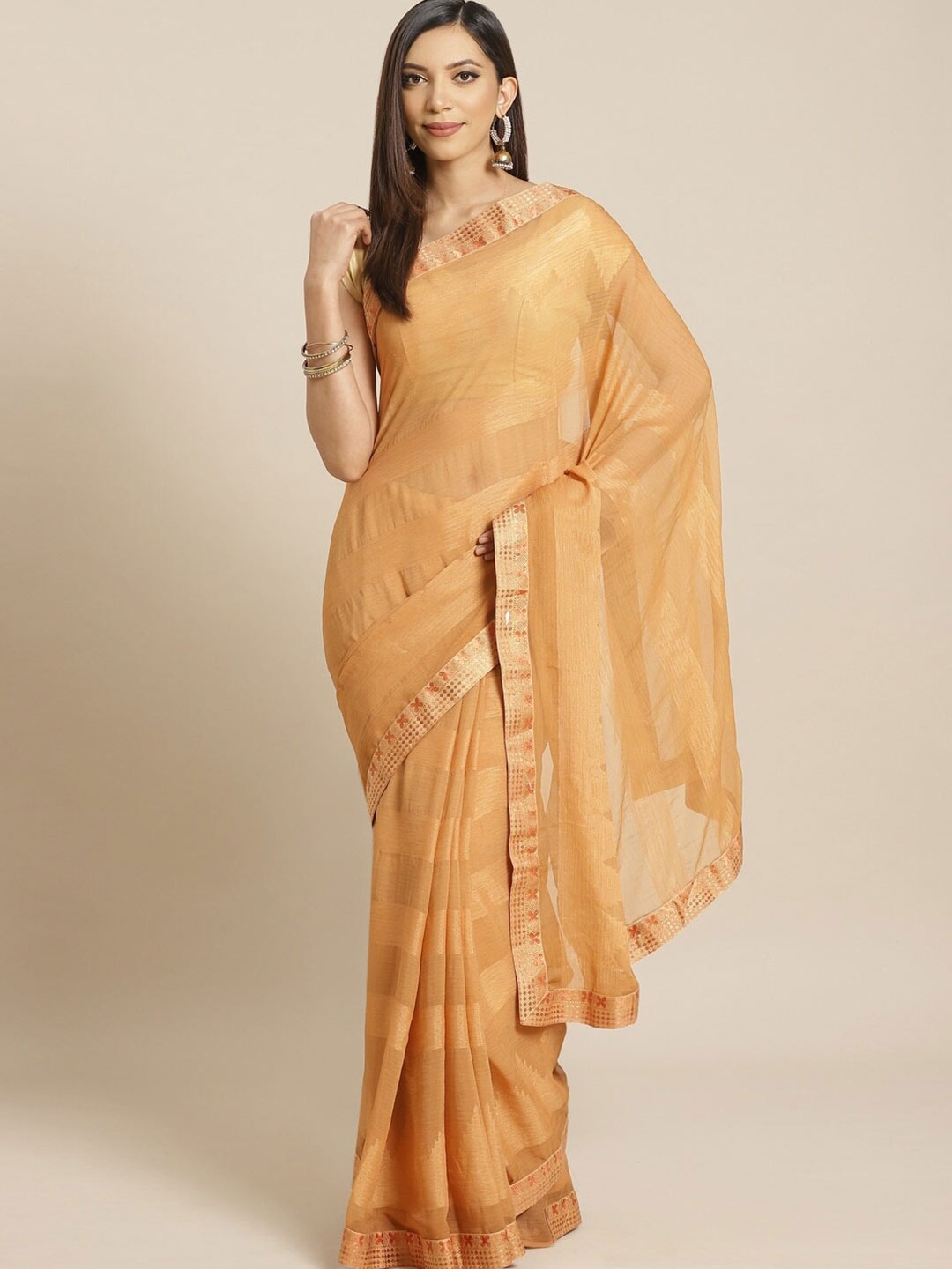 

KALINI Peach-Coloured & Beige Striped Brasso Saree