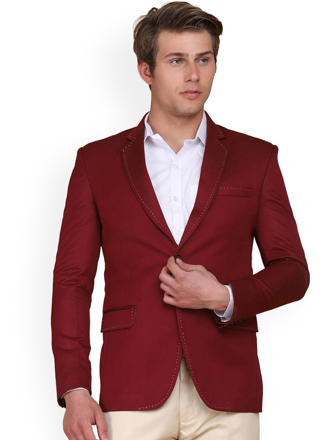 

TAHVO Men Maroon Solid Slim-Fit Single-Breasted Blazers