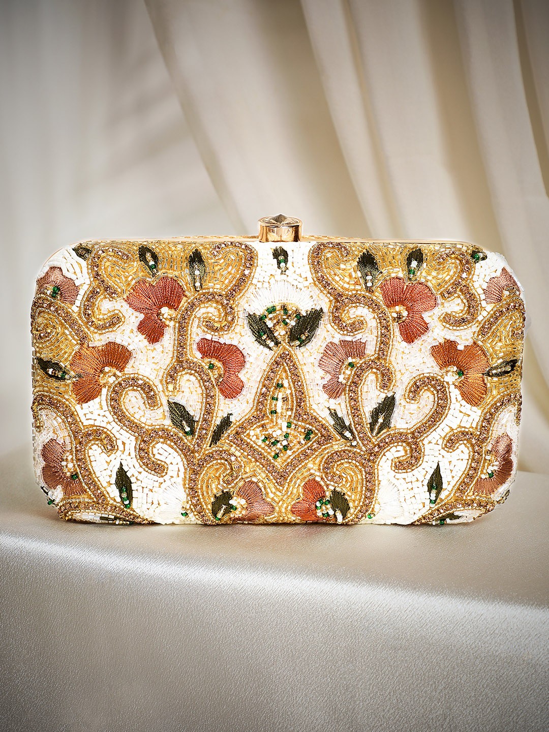 

Rubans Gold-Toned & White Embroidered Box Clutch