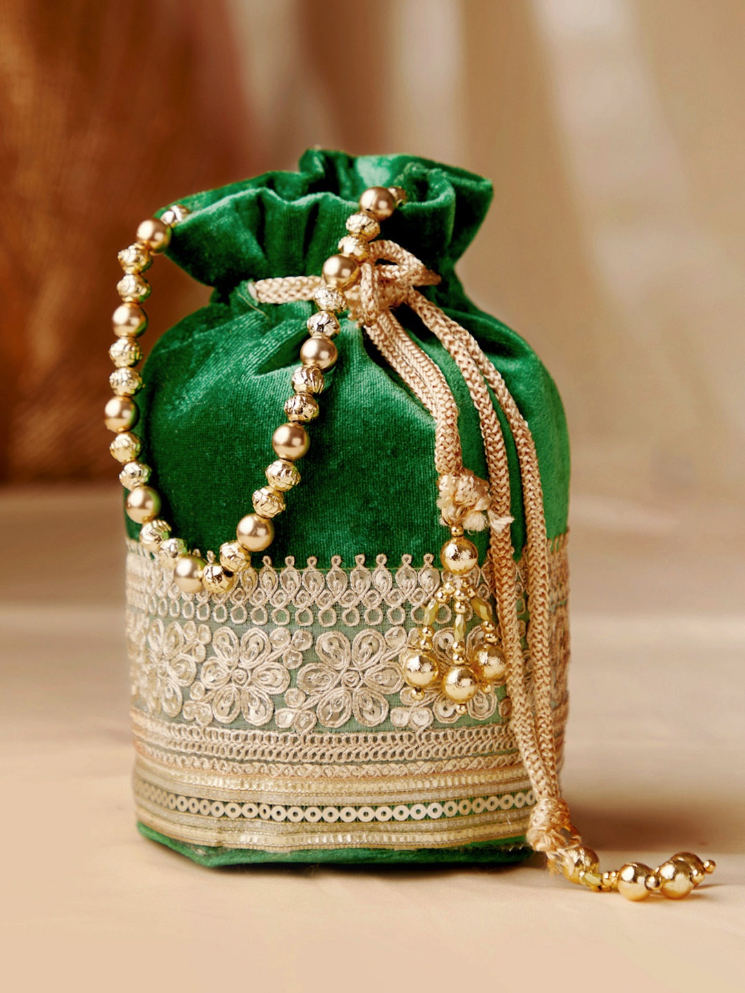 

Rubans Green & Gold-Toned Embroidered Potli Clutch