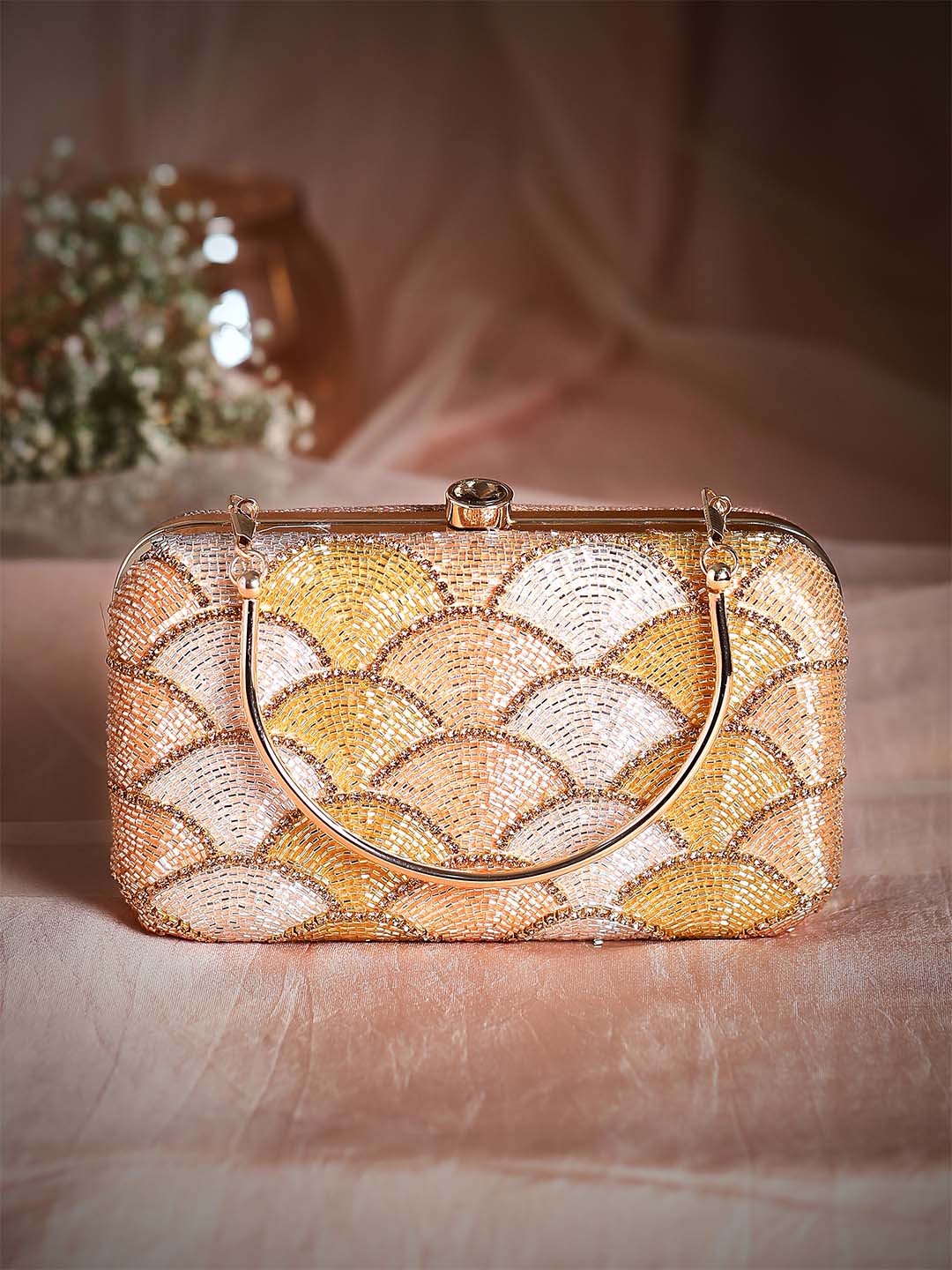 

Rubans Gold-Toned & Beige Embellished Embroidered Box Clutch