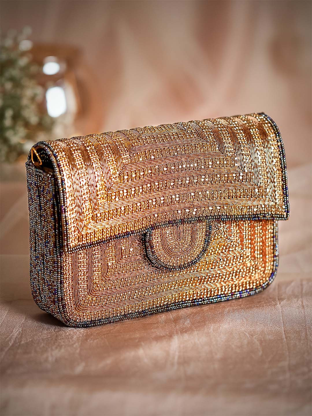 

Rubans Gold-Toned Embellished Envelope Clutch