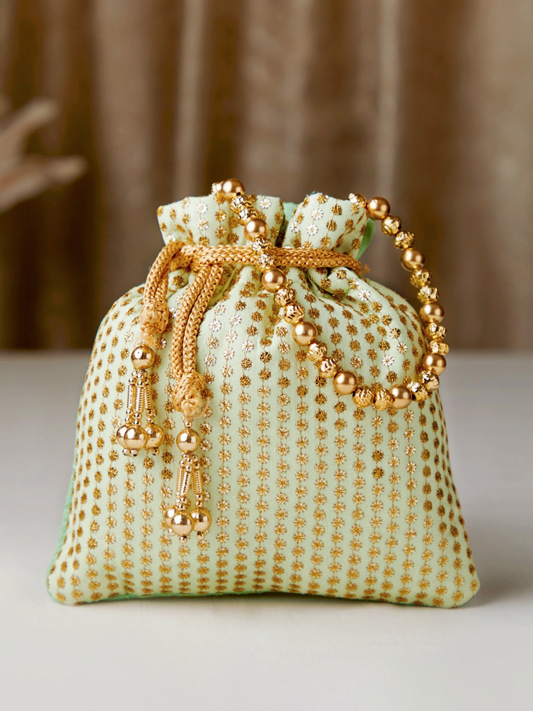 

Rubans Green & Gold-Toned Embroidered Potli Clutch
