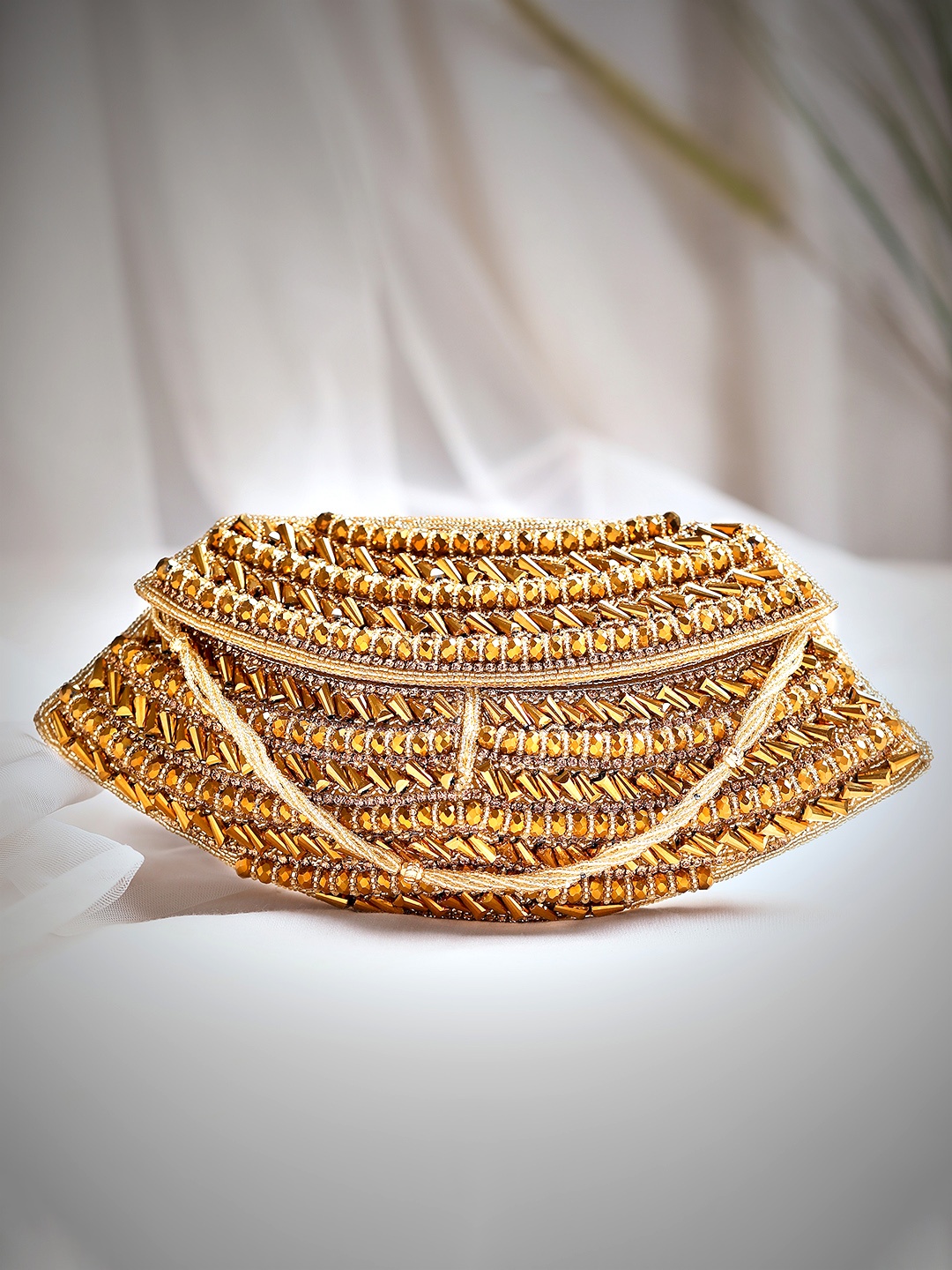 

Rubans Gold-Toned Embellished Embroidered Half Moon Clutch