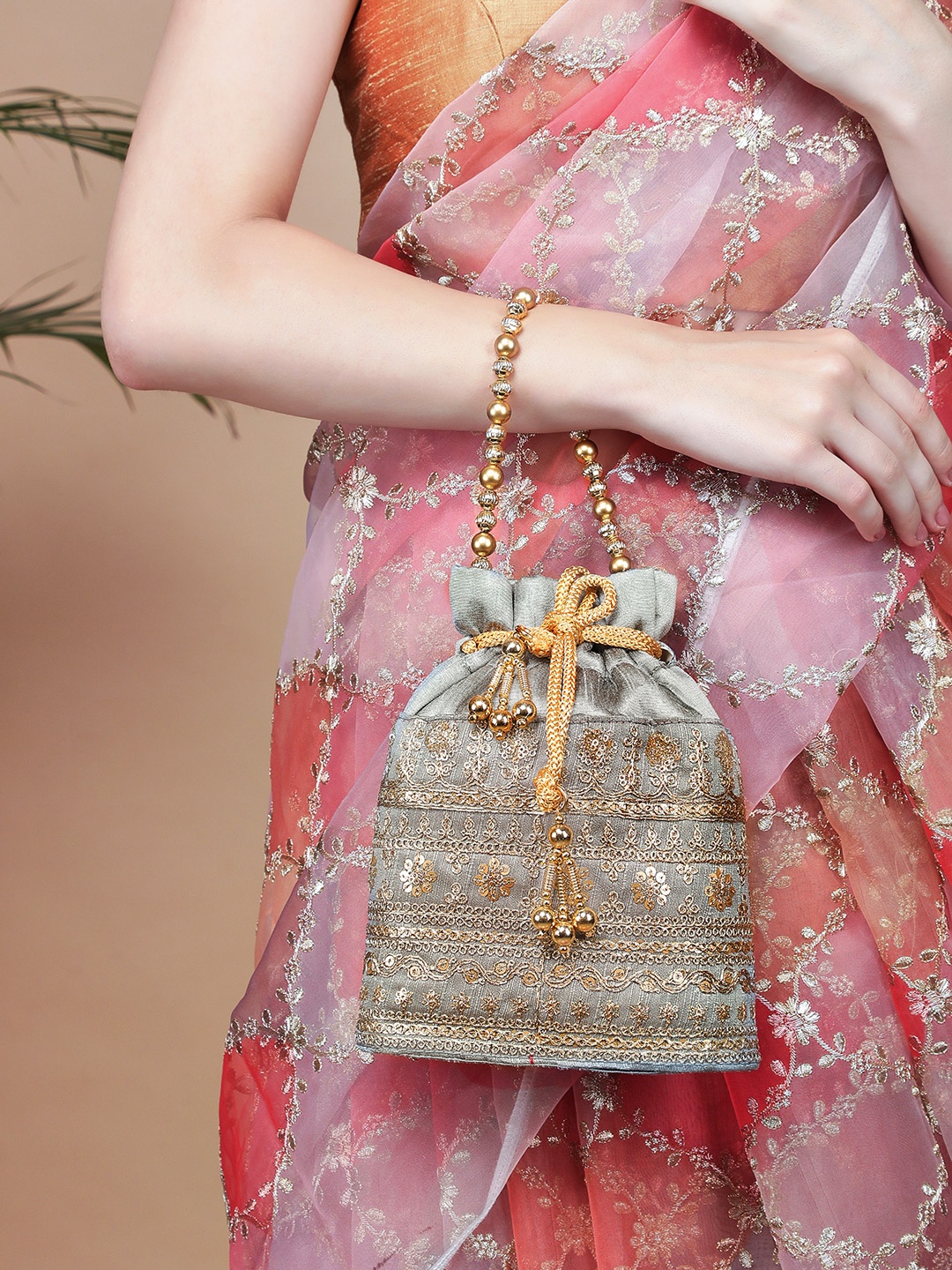 

Rubans Grey & Gold-Toned Embellished Embroidered Potli Clutch