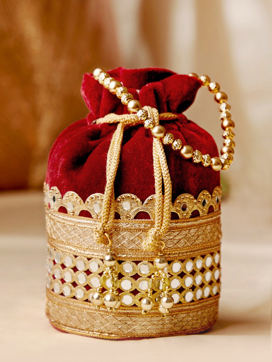 

Rubans Maroon & Gold-Toned Embellished Potli Clutch