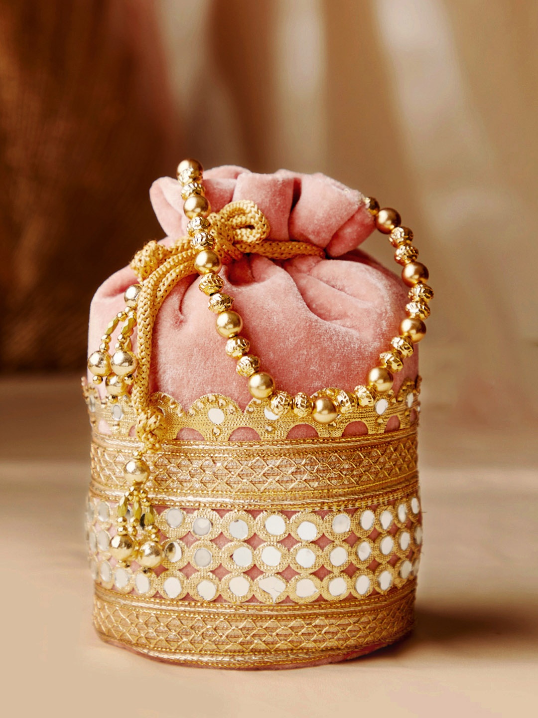 

Rubans Pink & Gold-Toned Embellished Embroidered Potli Clutch