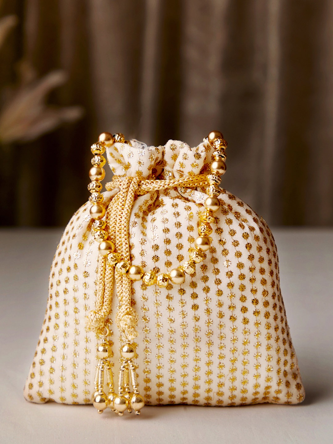 

Rubans Cream-Coloured & Gold-Toned Embellished Embroidered Potli Clutch