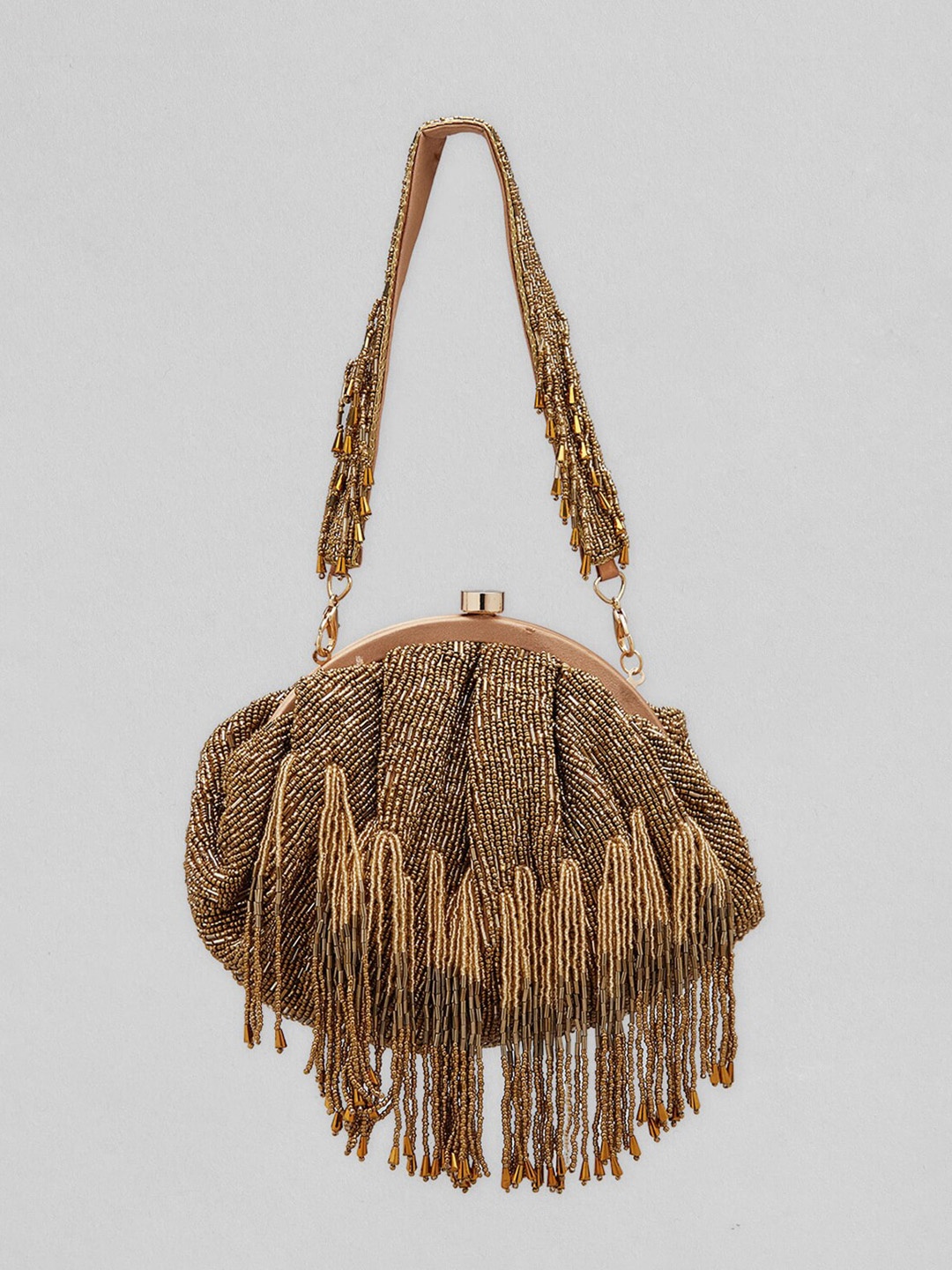 

Rubans Gold-Toned & Gold-Toned Embellished Embroidered Half Moon Clutch