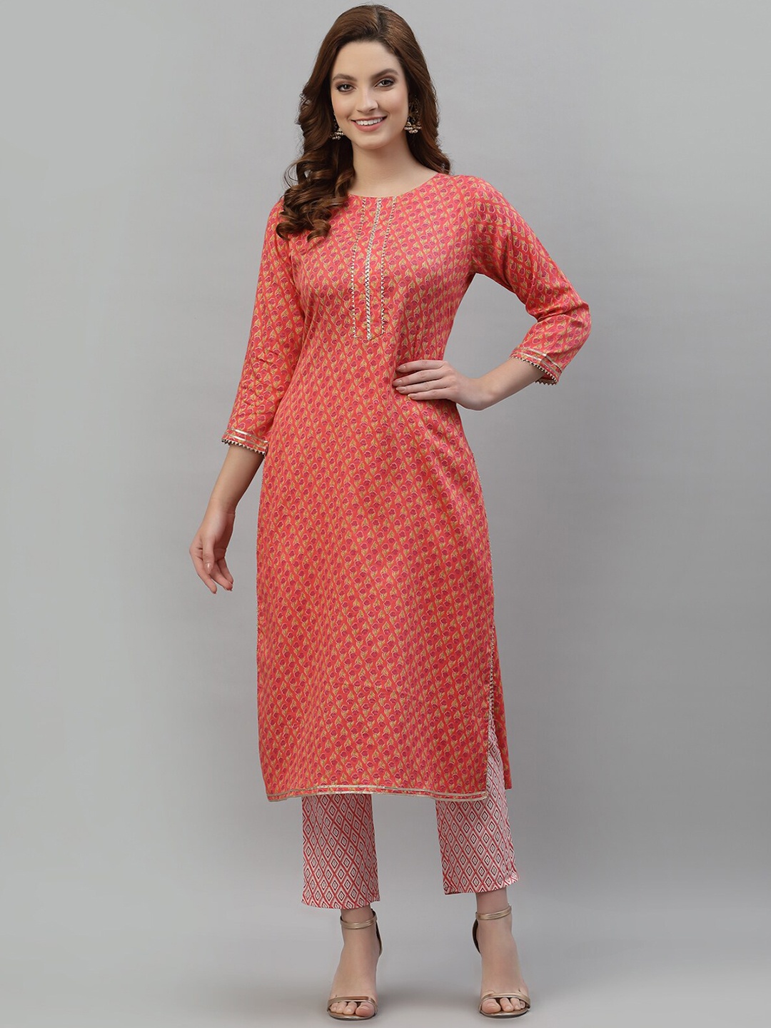 

TANKHI Women Orange Printed Chanderi Cotton Kurta with Trousers