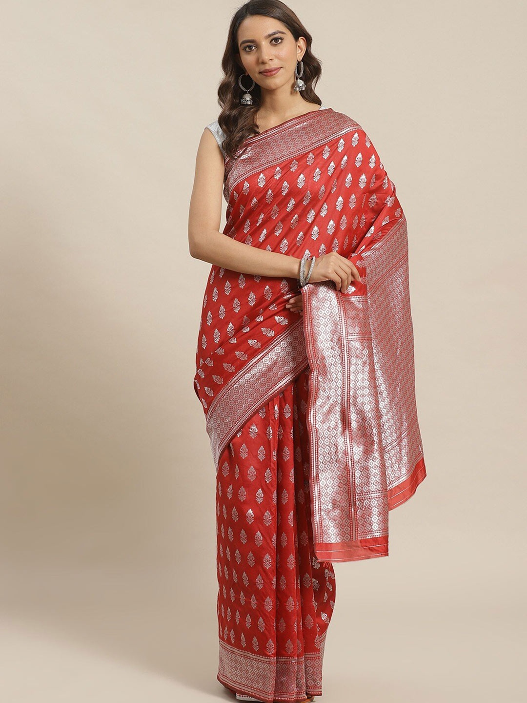 

Shaily Red & Silver-Toned Ethnic Motifs Zari Woven Design Silk Blend Saree