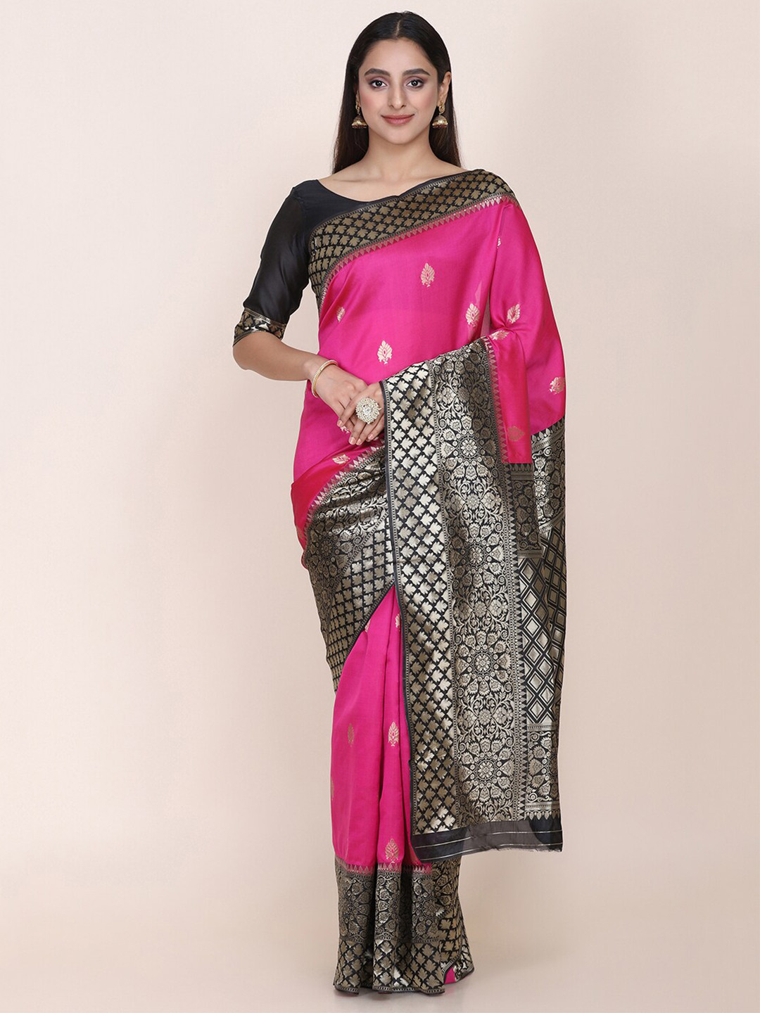 

Shaily Pink & Black Ethnic Motifs Zari Silk Blend Saree
