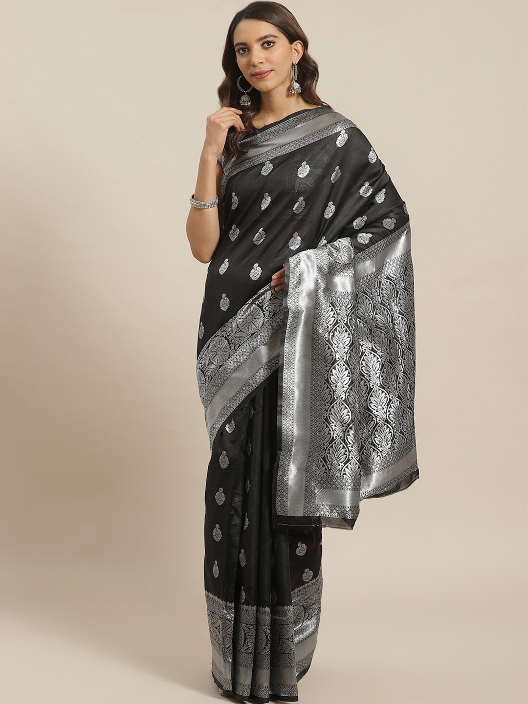 

Shaily Black & Silver Ethnic Motifs Zari Silk Blend Saree