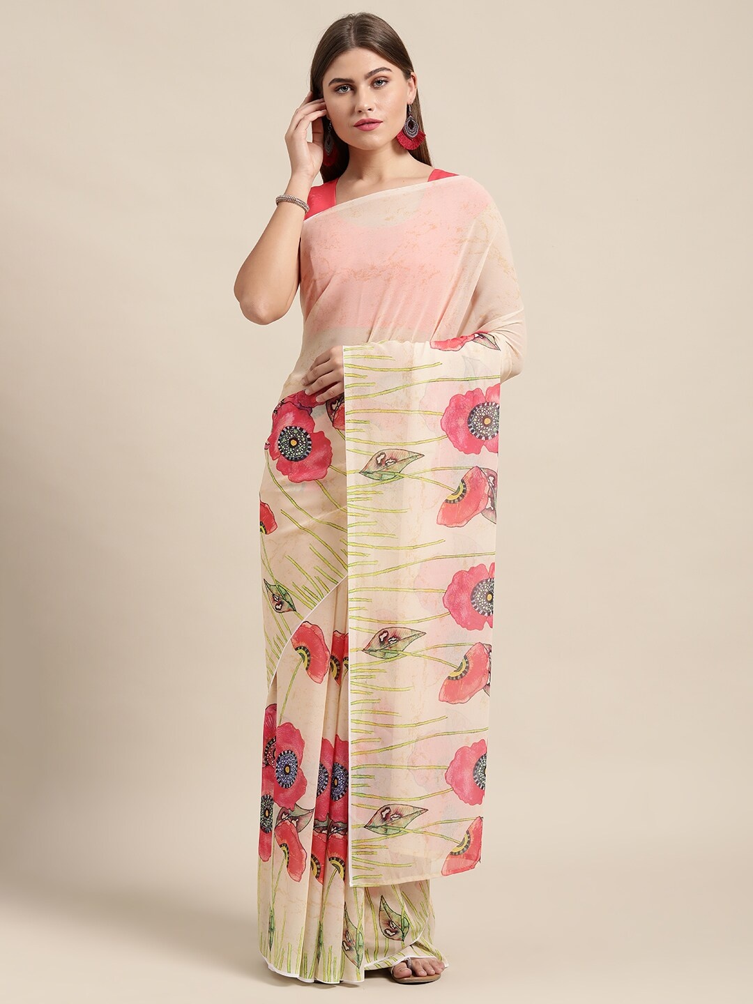 

Shaily Beige & Pink Floral Saree