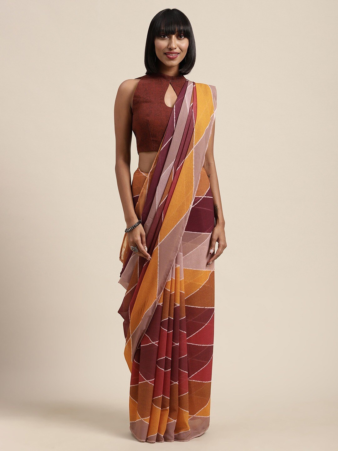 

Shaily Brown & Multi Colour Geometric Printed Poly Georgette Saree
