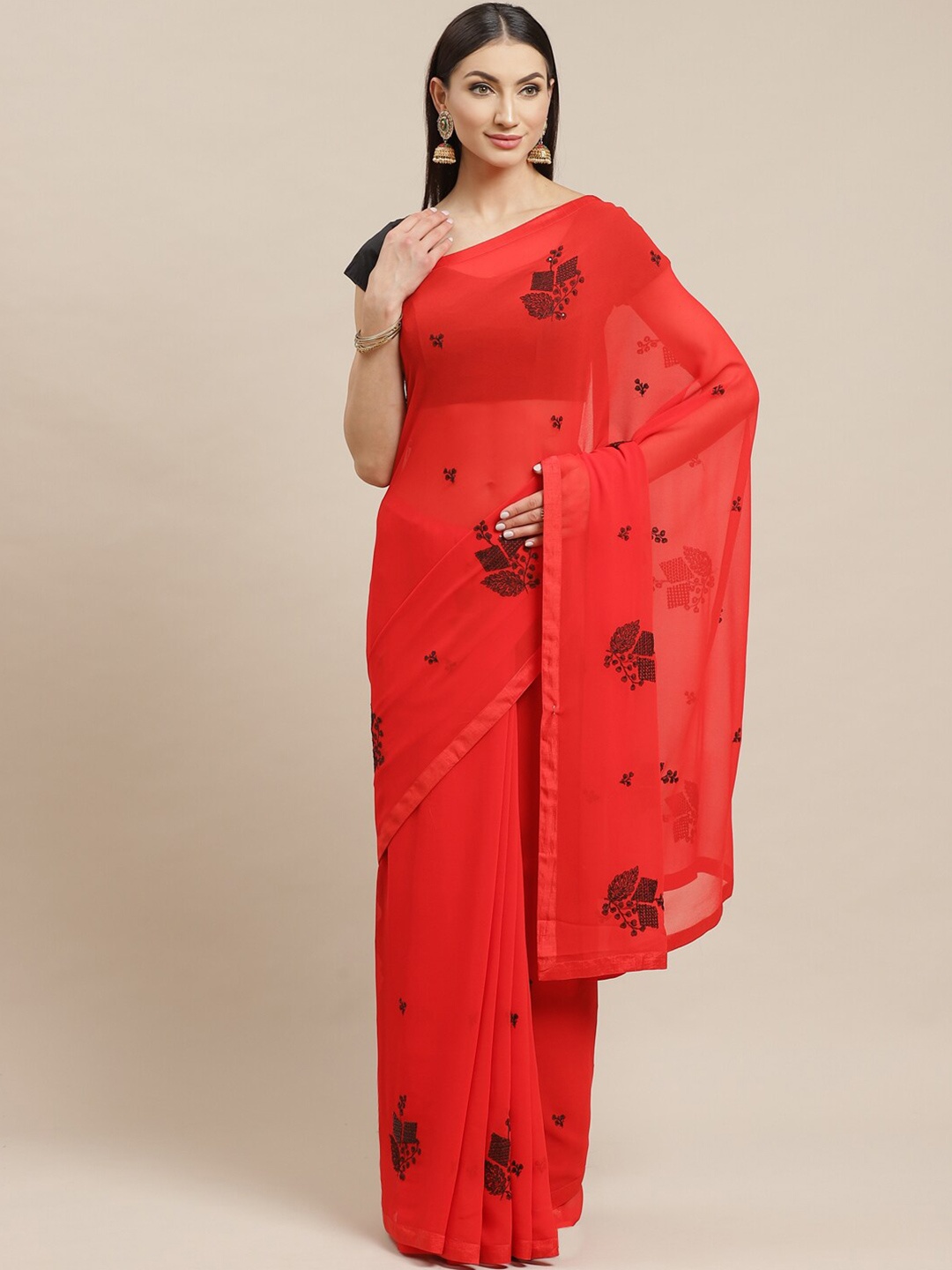 

Shaily Red & Black Ethnic Motifs Embroidered Sequinned Saree