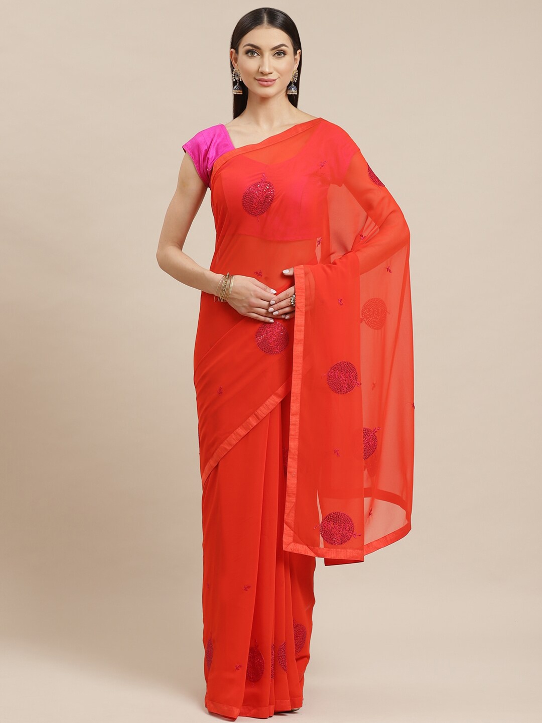 

Shaily Red & Pink Ethnic Motifs Sequinned Poly Georgette Saree