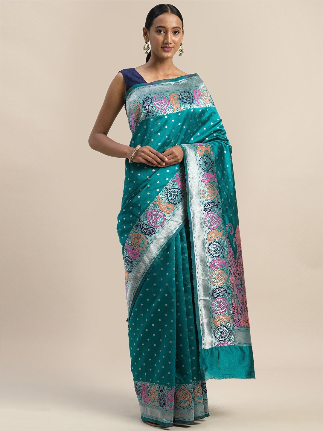 

Shaily Teal & Silver-Toned Ethnic Motifs Silk Blend Saree