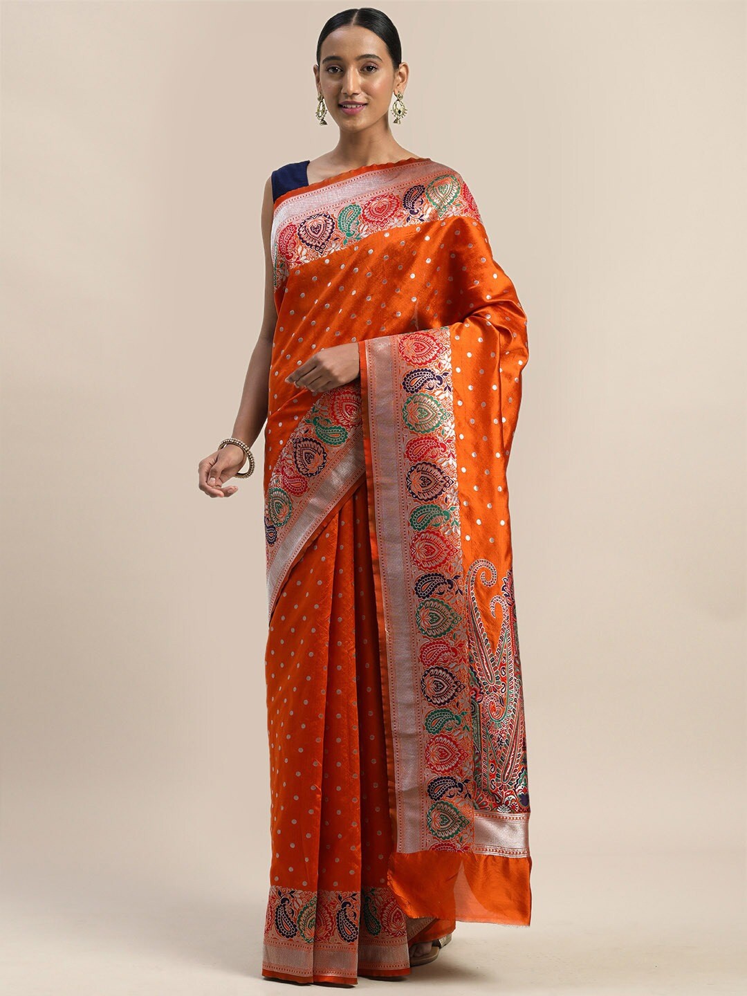 

Shaily Orange & Silver-Coloured Ethnic Motifs Silk Blend Saree