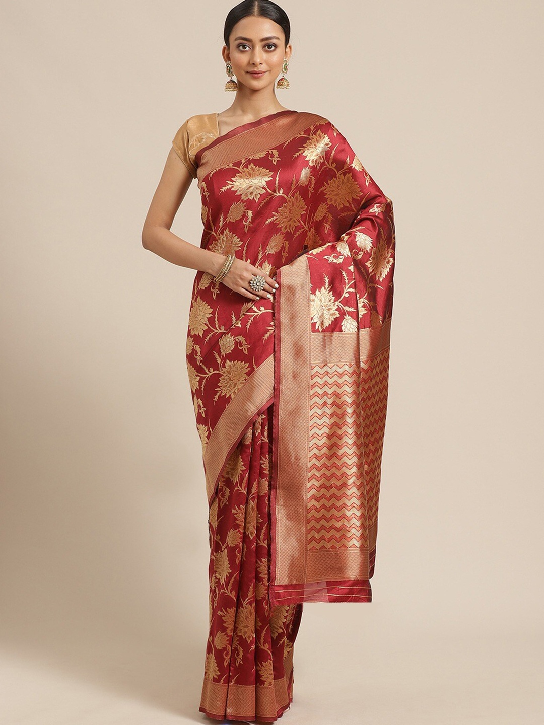 

Shaily Maroon & Golden Ethnic Motifs Silk Blend Saree