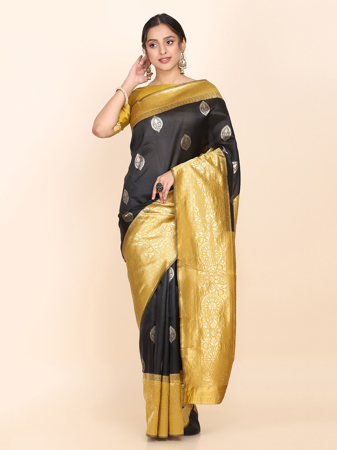 

Shaily Black & Mustard Yellow Ethnic Motifs Silk Blend Saree