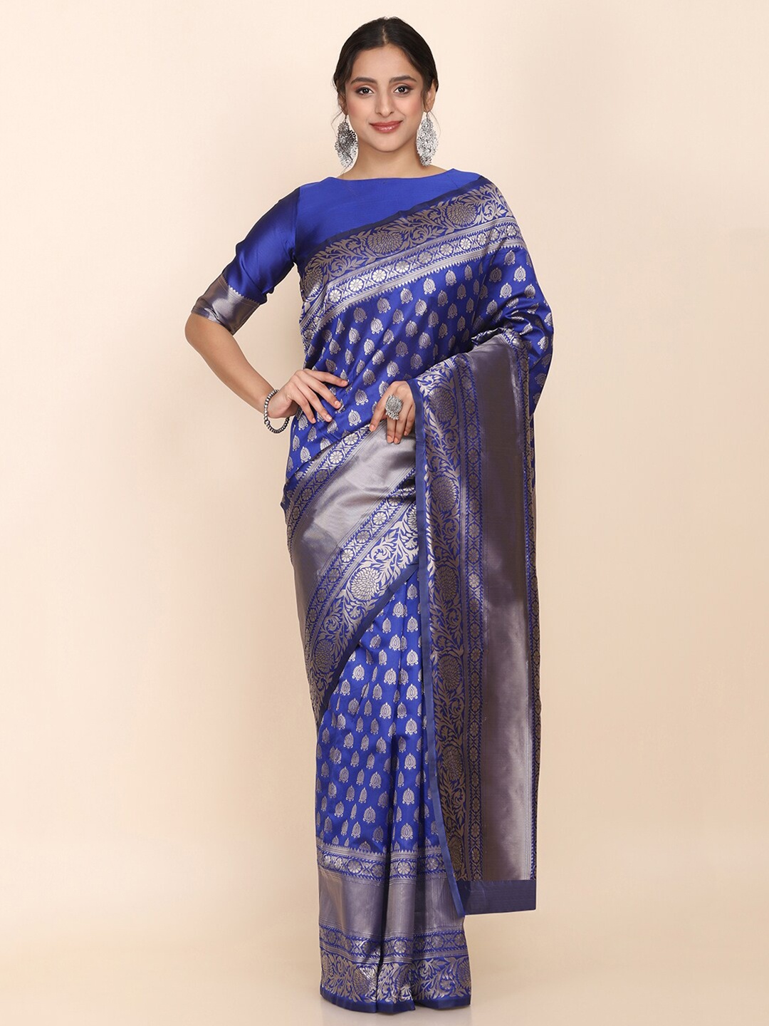 

Shaily Blue & Silver-Toned Woven Design Silk Blend Saree