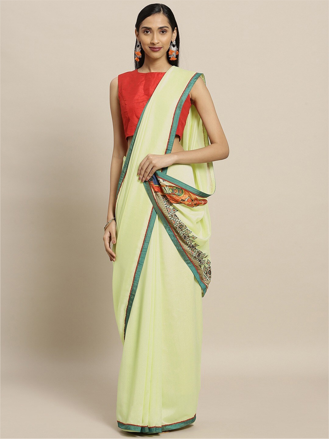 

Shaily Lime Green & Orange Pure Georgette Saree