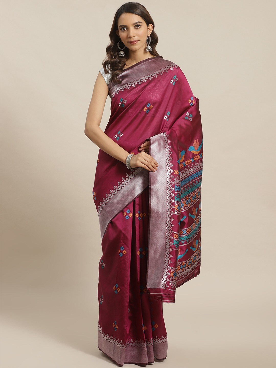 

Shaily Purple & Silver-Toned Woven Design Zari Silk Blend Saree