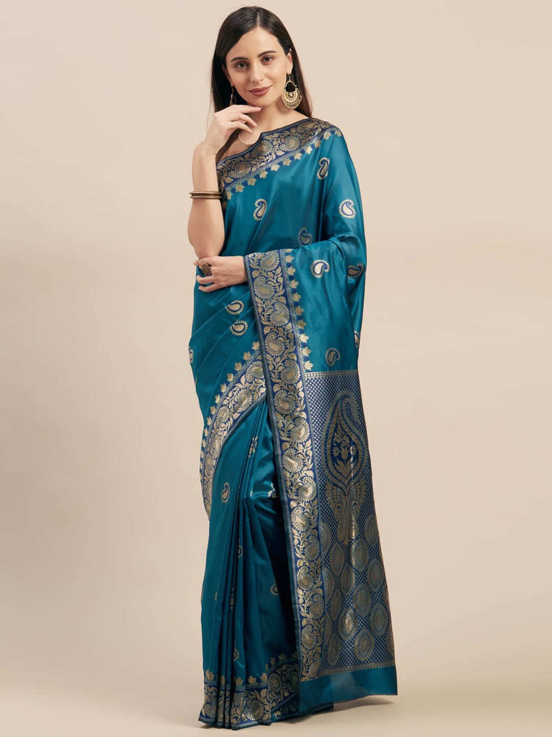 

Shaily Teal Blue & Gold-Toned Woven Design Silk Blend Saree