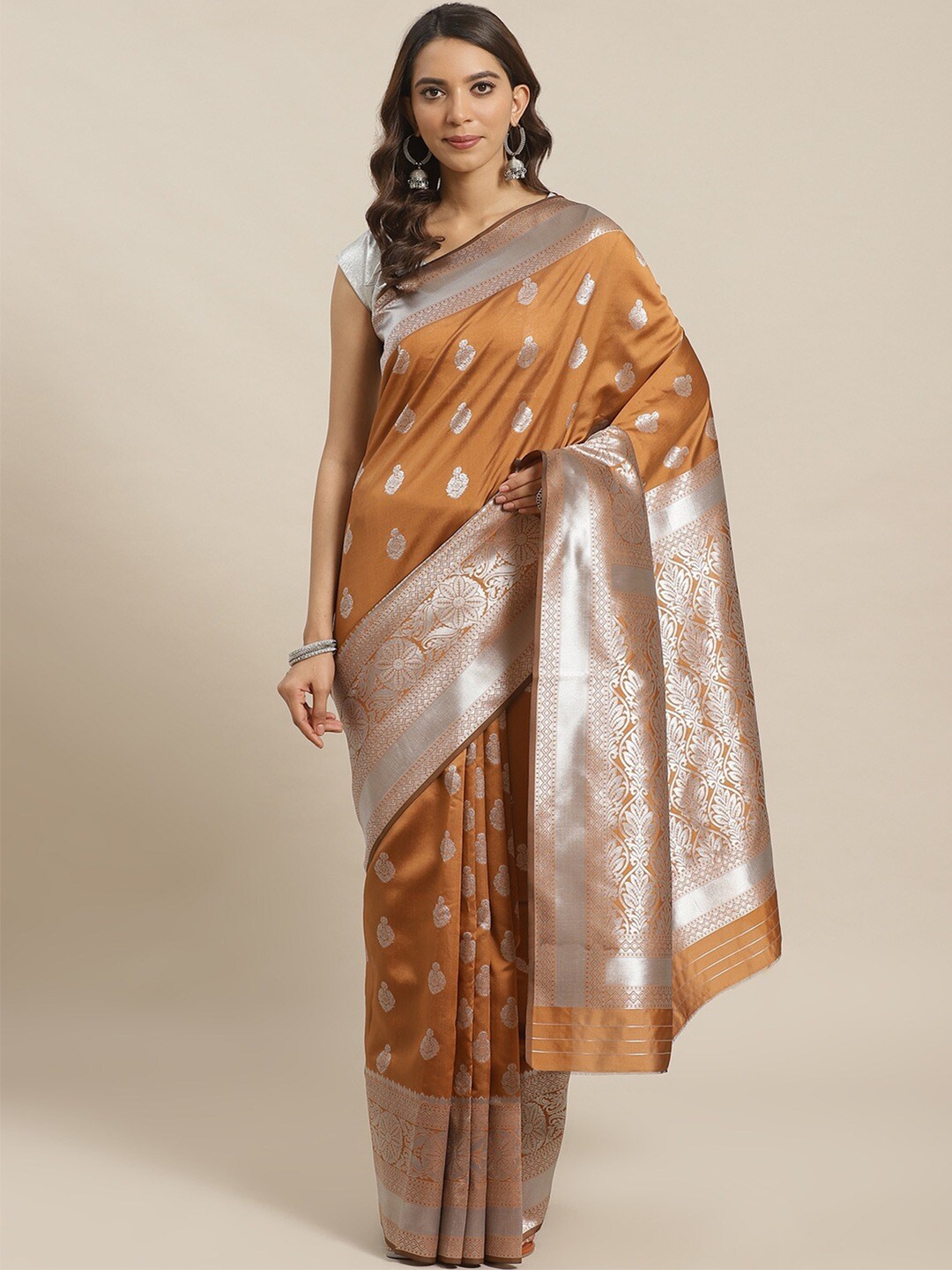 

Shaily Camel Brown & Silver-Coloured Ethnic Motifs Zari Silk Blend Saree
