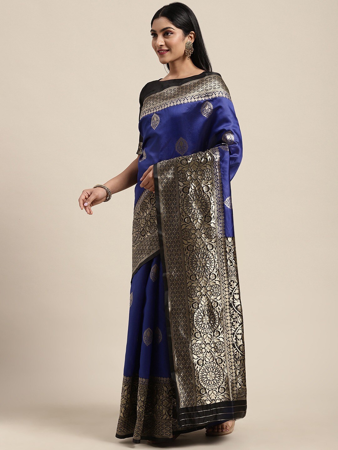 

Shaily Navy Blue & Gold-Toned Woven Design Silk Blend Saree