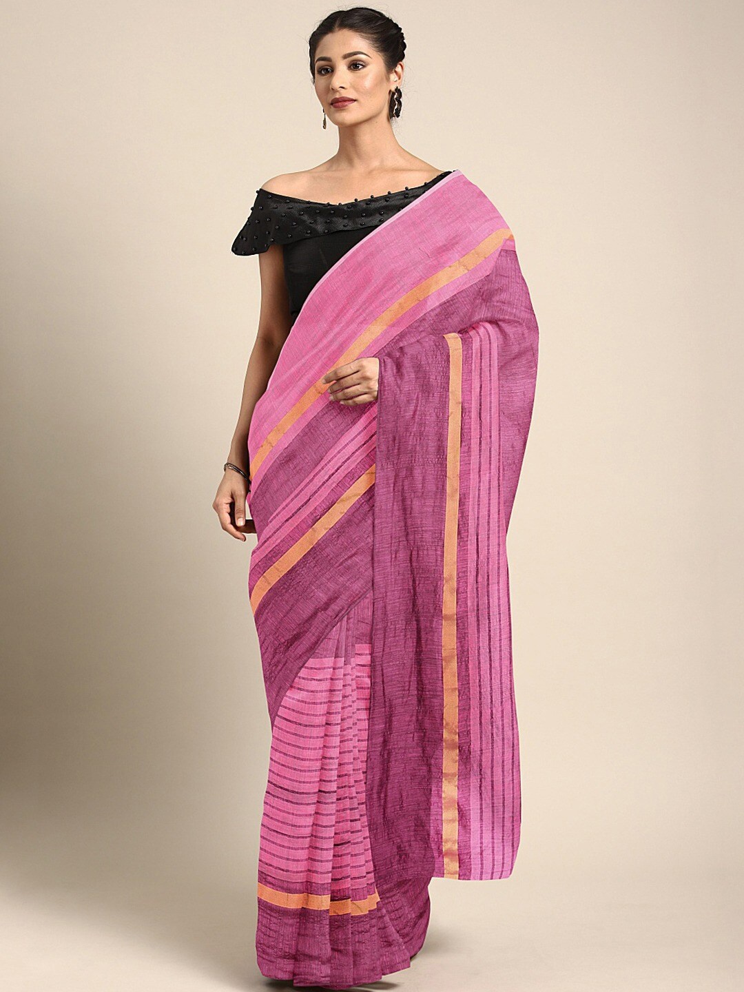 

Shaily Pink & Yellow Striped Saree