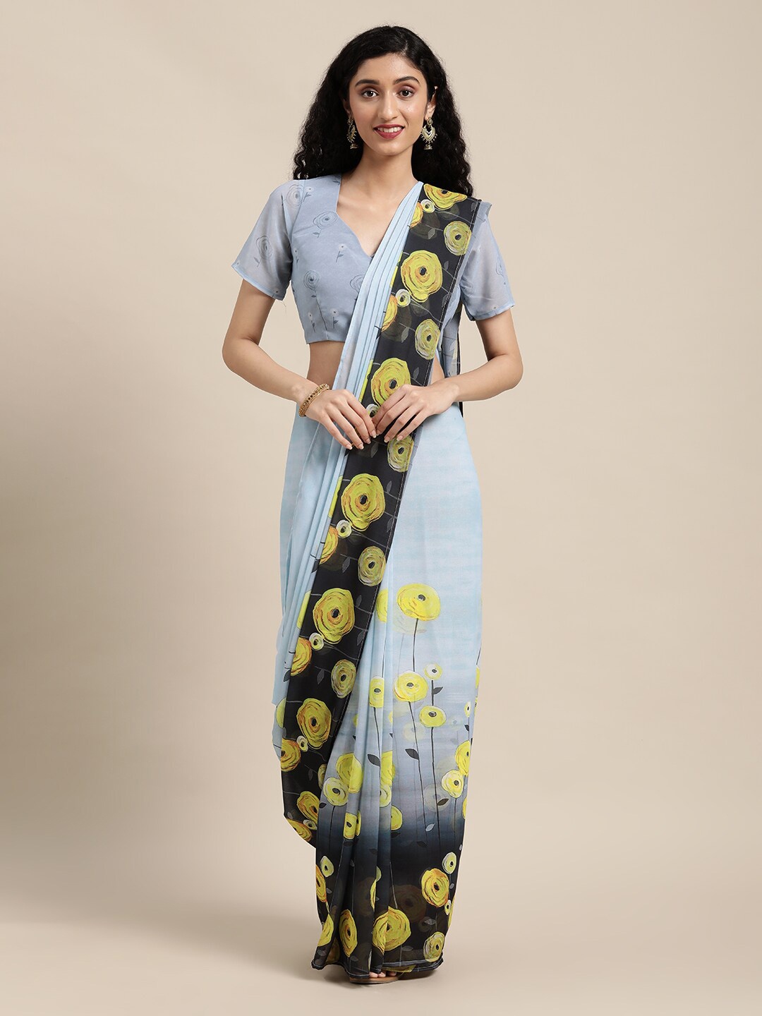 

Shaily Blue & Yellow Floral Poly Georgette Saree