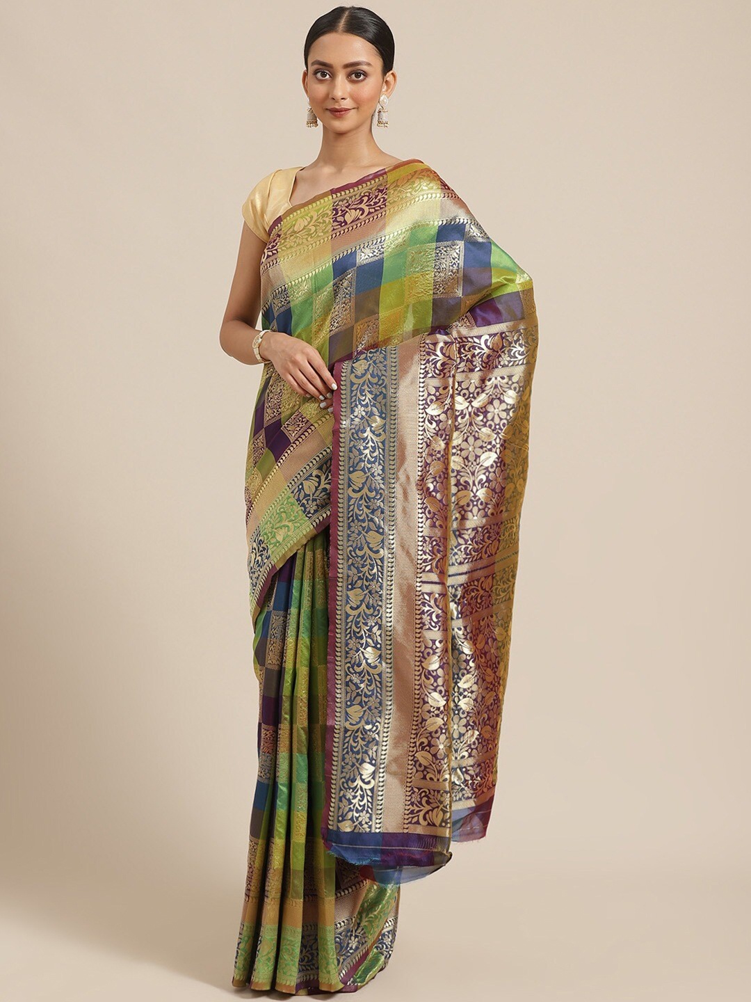 

Shaily Green & Blue Checked Zari Silk Blend Saree