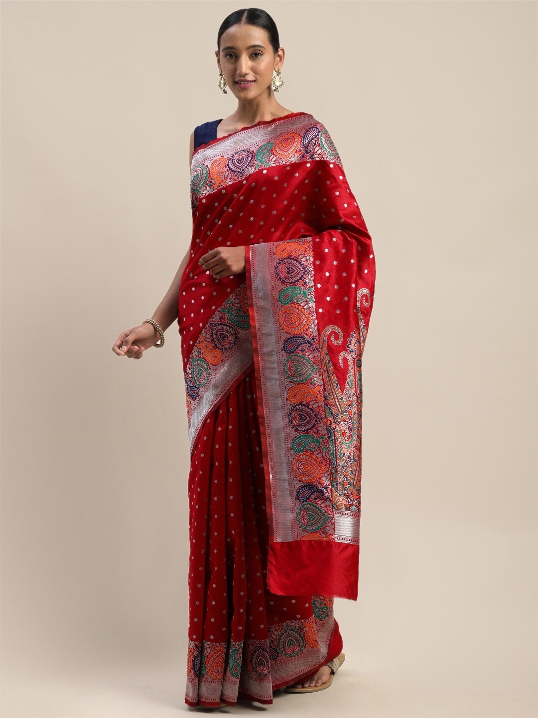 

Shaily Red & Silver-Toned Woven Design Zari Silk Blend Saree