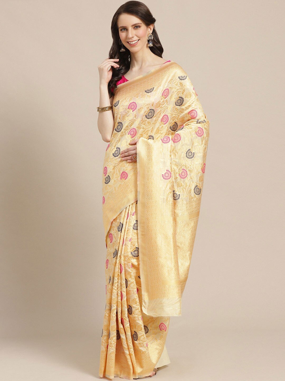 

Shaily Beige & Pink Woven Design Zari Silk Blend Saree