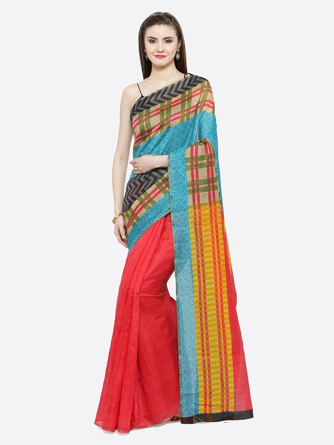 

Shaily Red & Yellow Checked Silk Cotton Saree